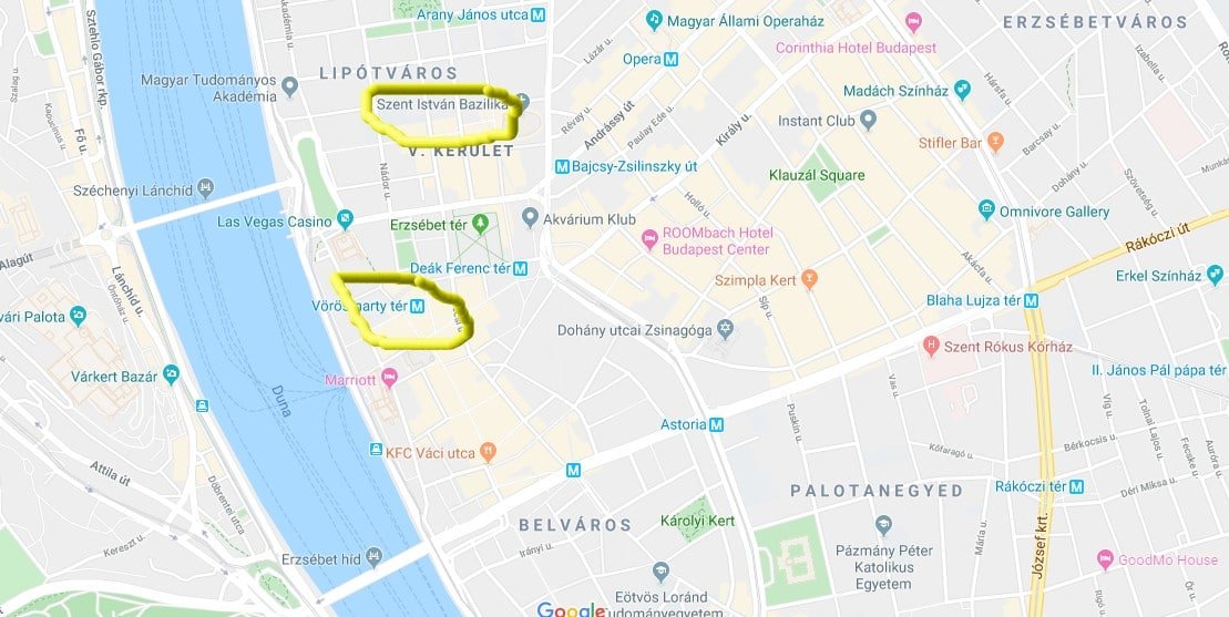 En karta som visar platsen för de två stora julmarknaderna i Budapest